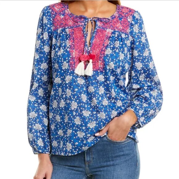 J. Crew Embroidered Cross Stitch Cotton Voile Top Floral Tassels Lightweight XXS - Picture 1 of 12